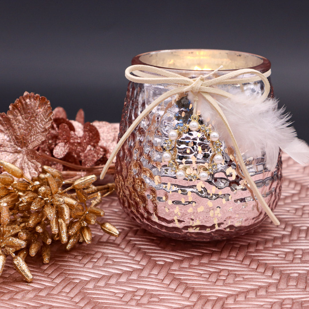 Windlicht Mercury Glas mit Perlenkranz in Rosa 10 cm