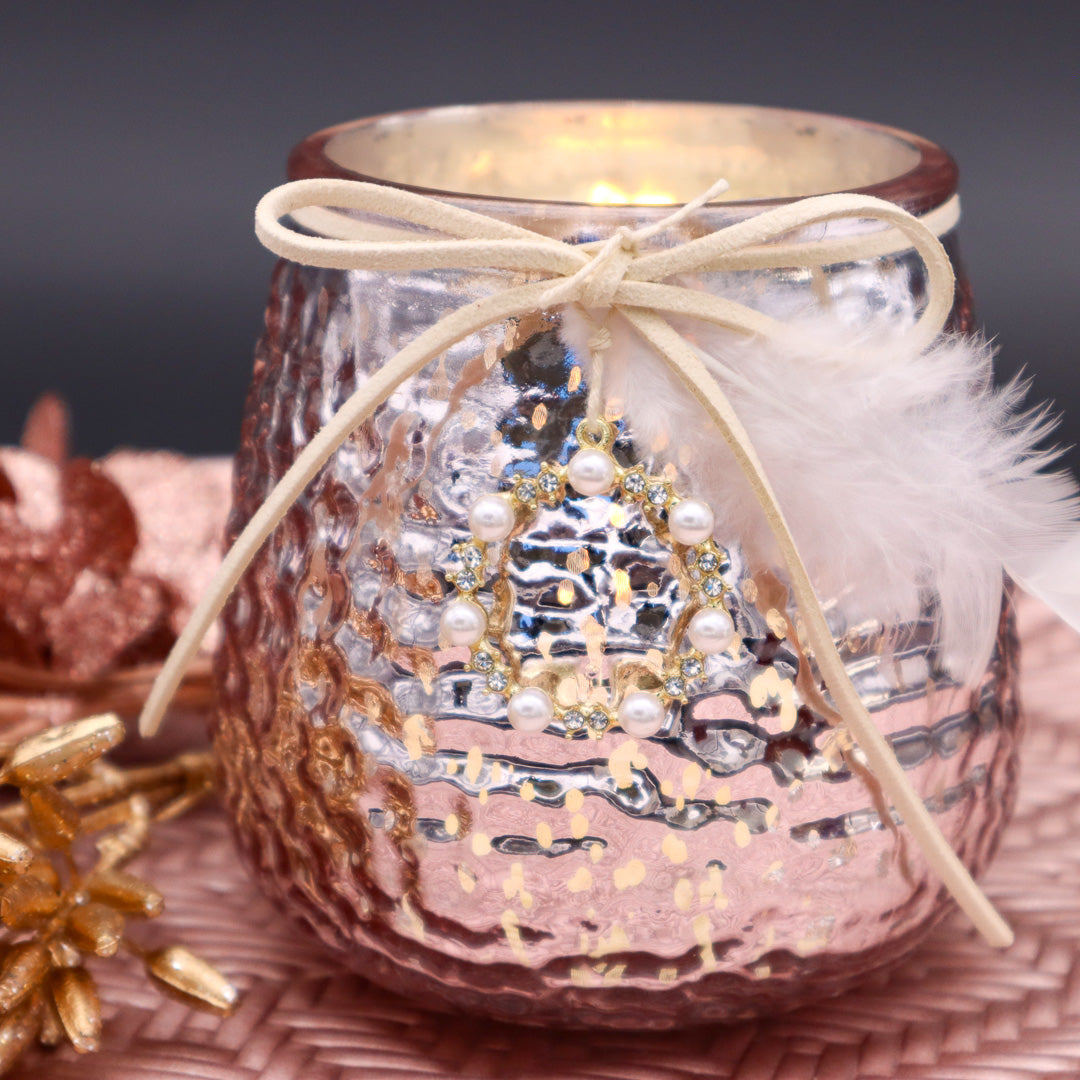 Windlicht Mercury Glas mit Perlenkranz in Rosa 10 cm