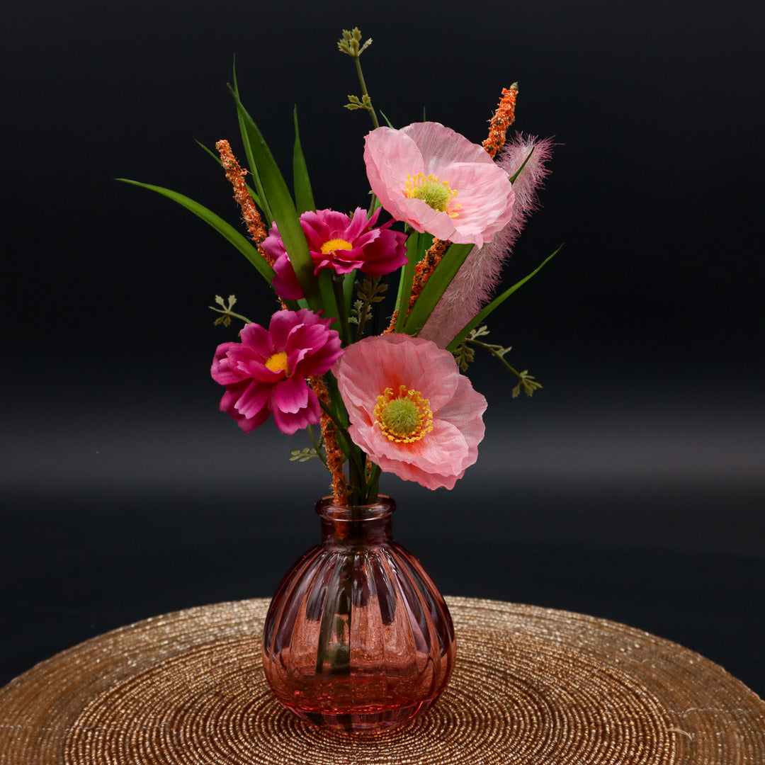 Blumen Arrangement in Glasvase schmal oder rund in Rosé 24 cm