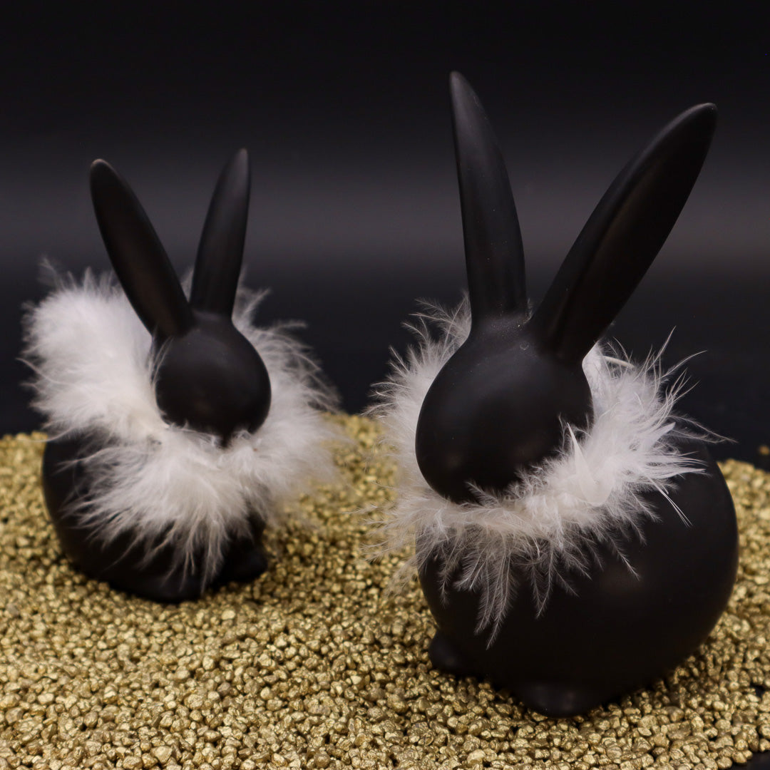Luxuriöse Hasen in Schwarz Matt mit Federboa 12 cm oder 14 cm