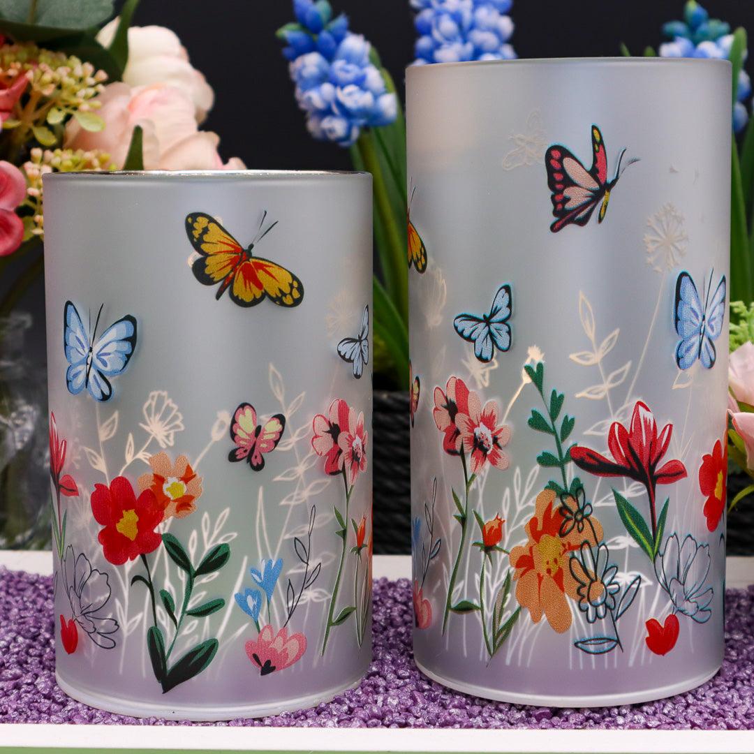 LED Windlicht Schmetterlinge und Blumen 14 cm oder 17 cm