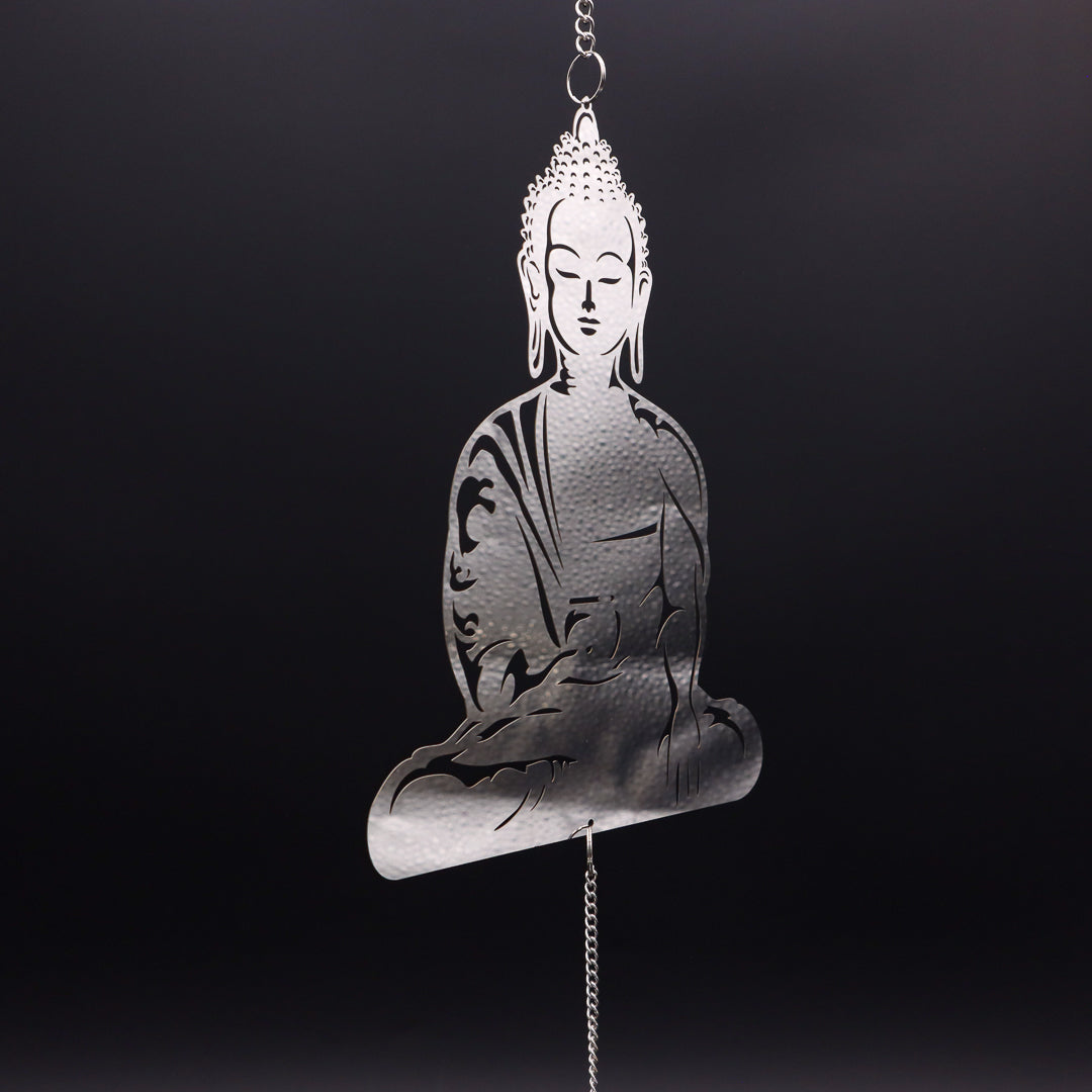 Buddha Windspiel aus Edelstahl verspiegelt 52 cm