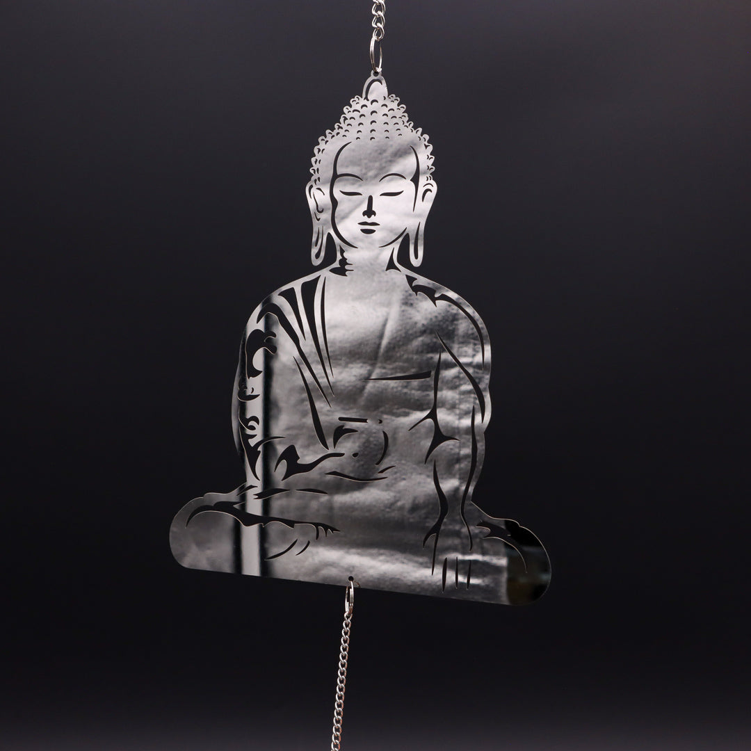 Buddha Windspiel aus Edelstahl verspiegelt 52 cm