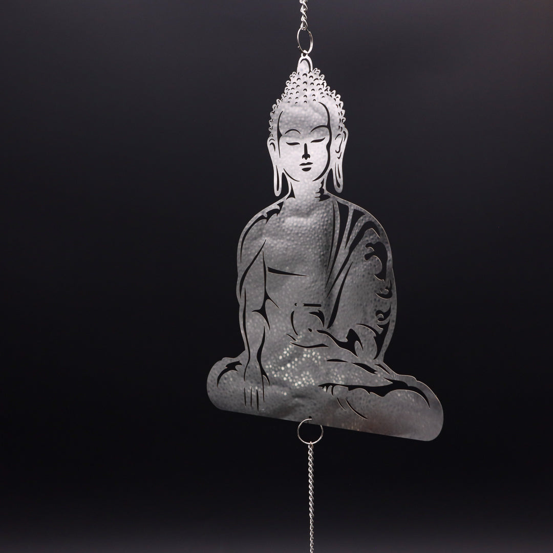 Buddha Windspiel aus Edelstahl verspiegelt 52 cm