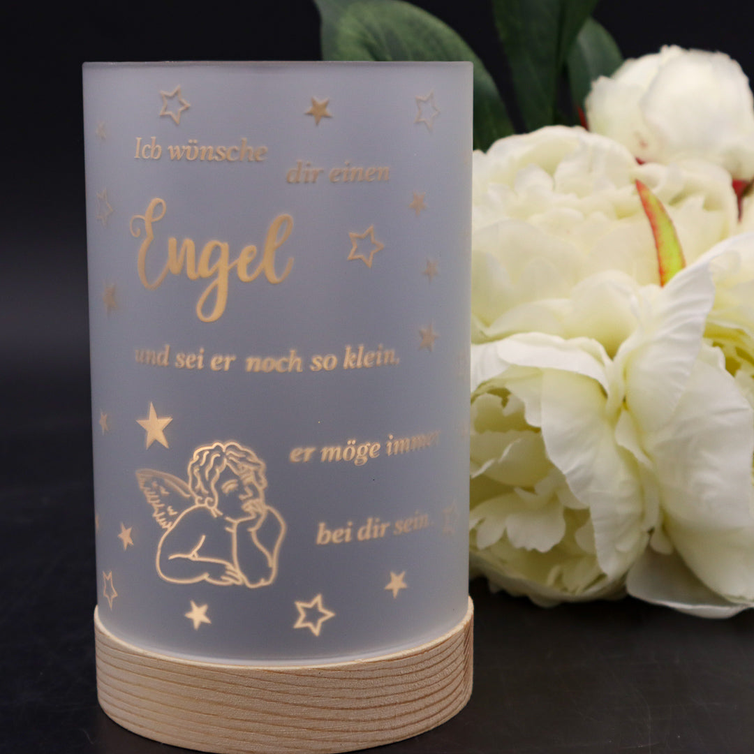 LED Windlicht Engel mit Spruch 15 cm, inkl. Batterien und Timer