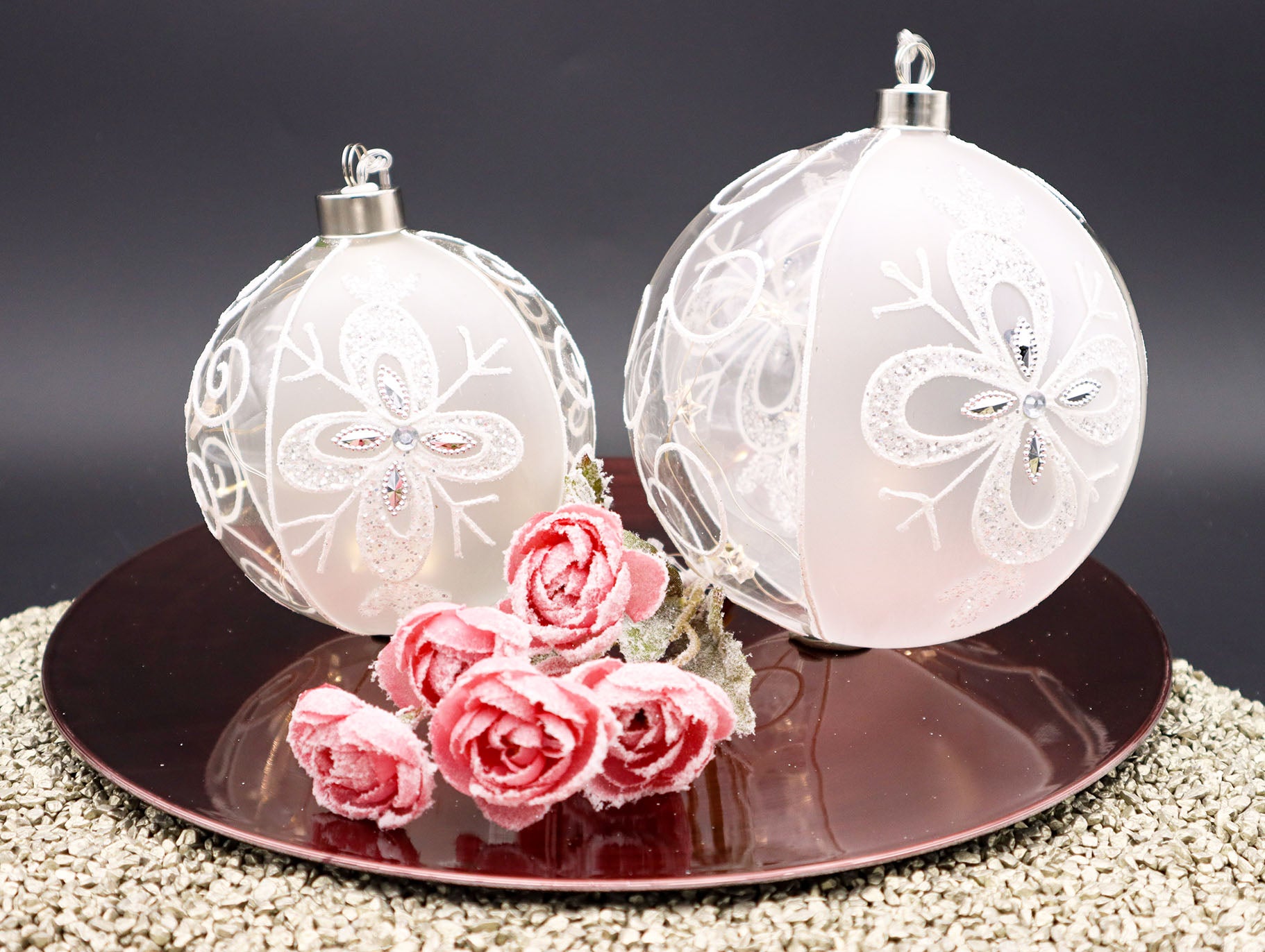 LED Kugel in Klarglas mit Eisblume und Ornamenten in 10 cm, 12 cm oder 15 cm