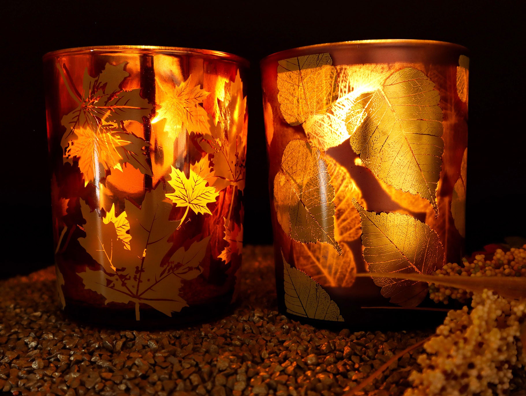 home Herbstblätter cm Style your ❤️ ❤️ 13 Dekoration Windlicht mit oder Aubergine - Kupfer – Herz