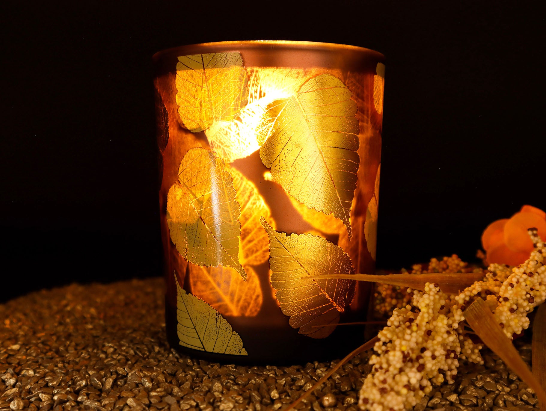 Windlicht Herbstblätter Kupfer oder Aubergine 13 cm